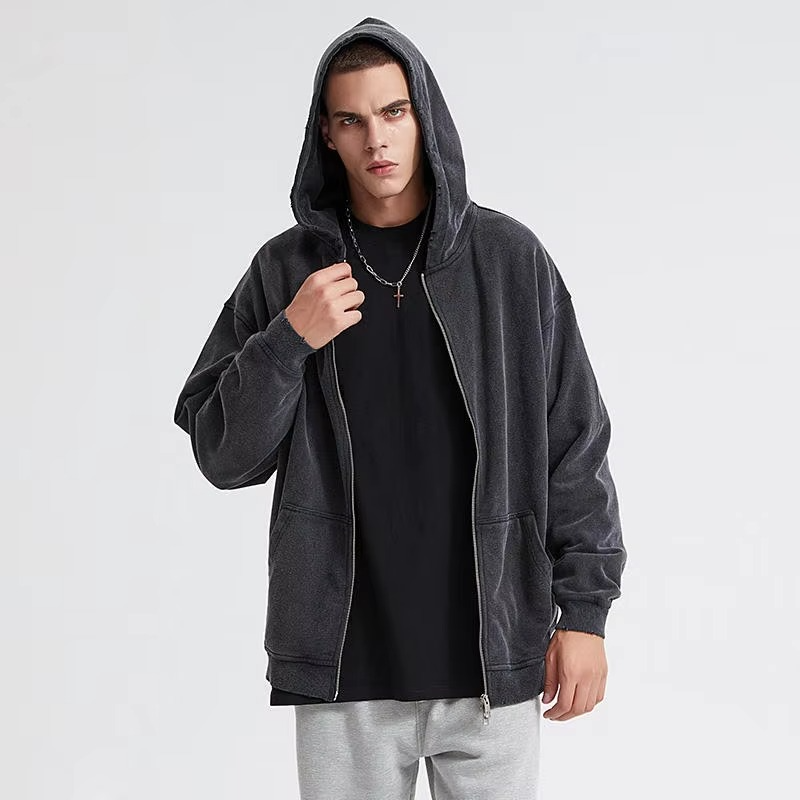 Heavyweight Black Zip up Hoodies Custom Oversized 100% Cotton Acid Washed Vintage Zip up Hoodie - Image 3