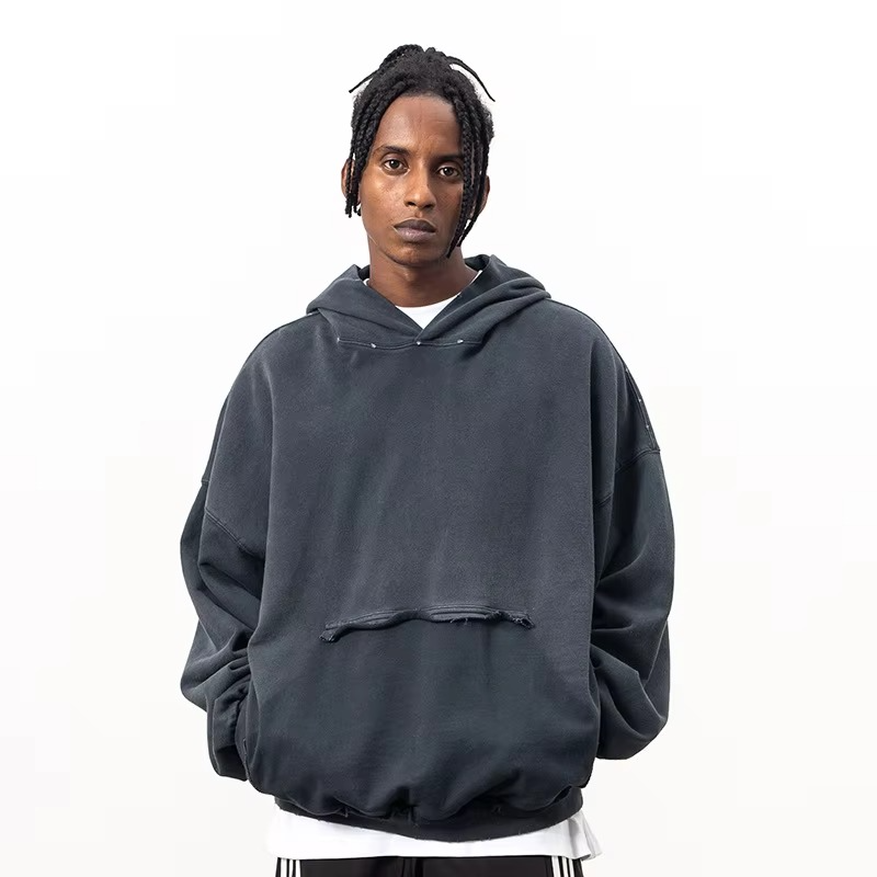Heavyweight Drop Shoulder Men Pullover Hoodie Distressed Hem Pigment Dye French Terry Hooded Hoodie for Men - Image 6