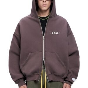 Hooded Collar Printing Streetwear Brown Zip Up Crop Top Hoodie with 500 Gsm