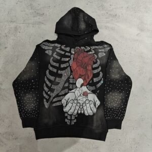 Hoodies Custom High Quality Streetwear Skeleton Skulls Graphic Pullover Vintage Acid Wash Sun Faded Rhinestone Hoodie Men