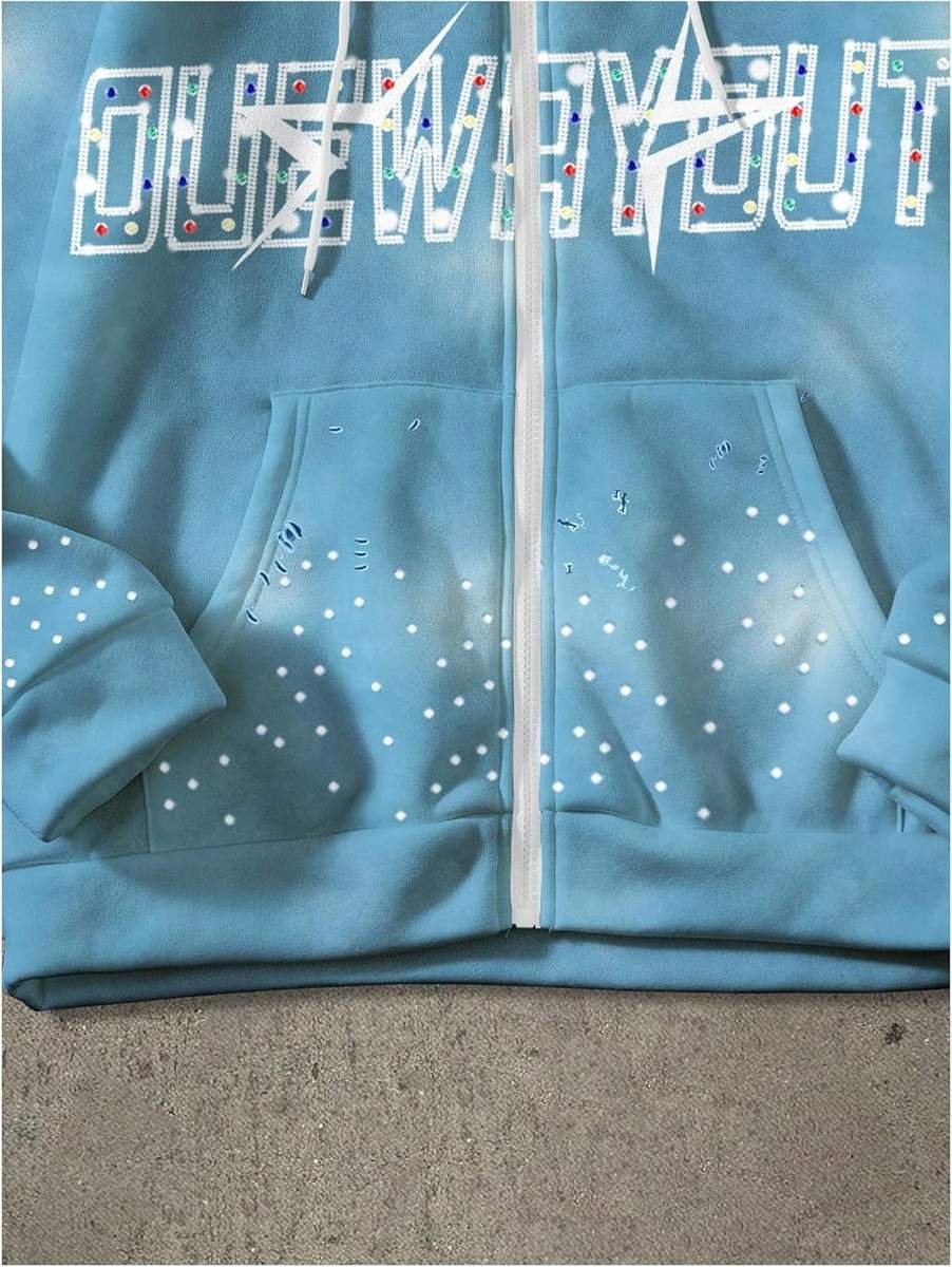 Men's 100% Cotton Double-Layer Collar Breathable Embroidery Patch Rhinestone Custom Front Logo Y2K Style Heart Pattern Hoodie - Image 4