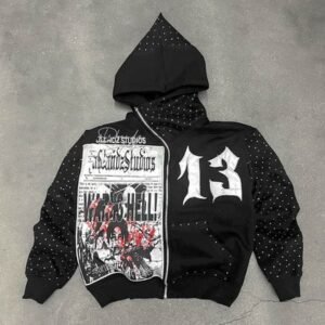 Men'S Cotton French Terry Hoodie Cropped Zip With Acid Wash Embroidery Applique Patch