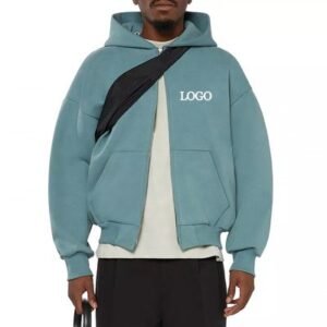 Men's Double Zipper Hoodie in Vintage Washed Style with Drop Shoulder and Cropped Design