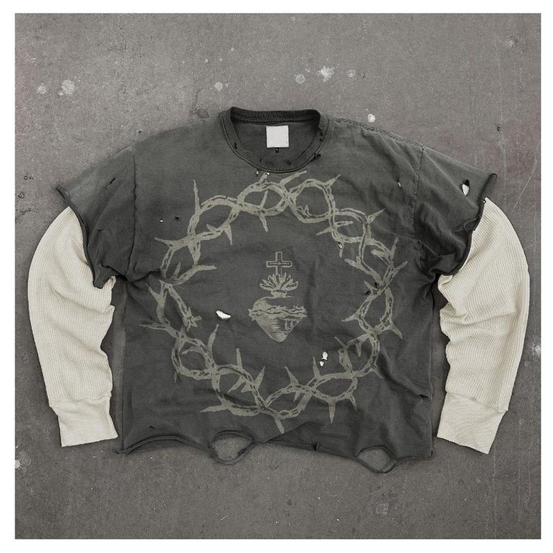 Men'S Graphic Long Sleeve Shirts With Raw Hem Acid Washed Knitted Weaving - Image 5