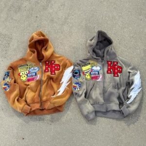 Mens Rhinestone Zip Up Hoodie 500Gsm Grey Orange Stone Acid Wash Hoodie Distressed Patch Embroidery