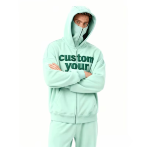OEM Custom Logo Men Face Mask Full Zip up Balaclava Hoodies Full Coverage Kangaroo Pocket Blackout Pullover Hoodie Fashion Meets