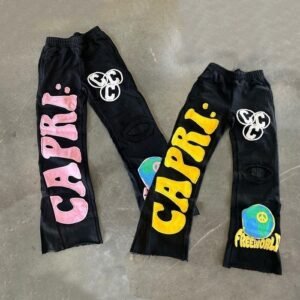 Patch Embroidery French Terry Acid Wash Raw Hem Distressed Flared Sweatpants Regular Fit 100% Cotton
