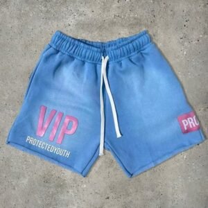 Puff Print Short Acid Washed Shorts Blue Cut Raw Hem Cotton Fleece Zipper Pockets Streetwear Sweat