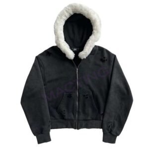 Solid Acid Wash Sun Faded Distressed Custom Full Zip Up Hoodies Coat with Fur Collar