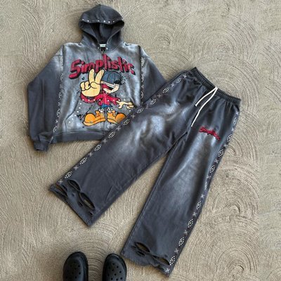 Streetwear Rhinestone Zip Up Hoodie Sweat Pants Set Acid Wash Man Tracksuit Sun Faded Men Sweatsuit - Image 6