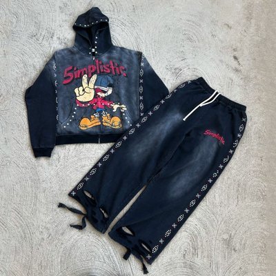 Streetwear Rhinestone Zip Up Hoodie Sweat Pants Set Acid Wash Man Tracksuit Sun Faded Men Sweatsuit - Image 2