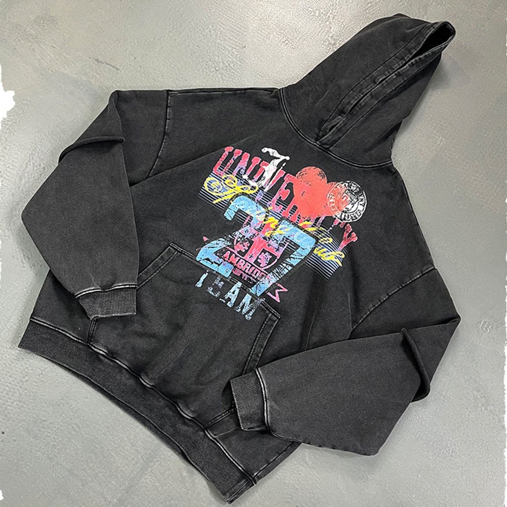 Vintage Washed Heavyweight Terry 100% Cotton Anti-Pilling Oversized Streetwear Hoodie Double Layer Splicing Sleeves Men Printing - Image 4