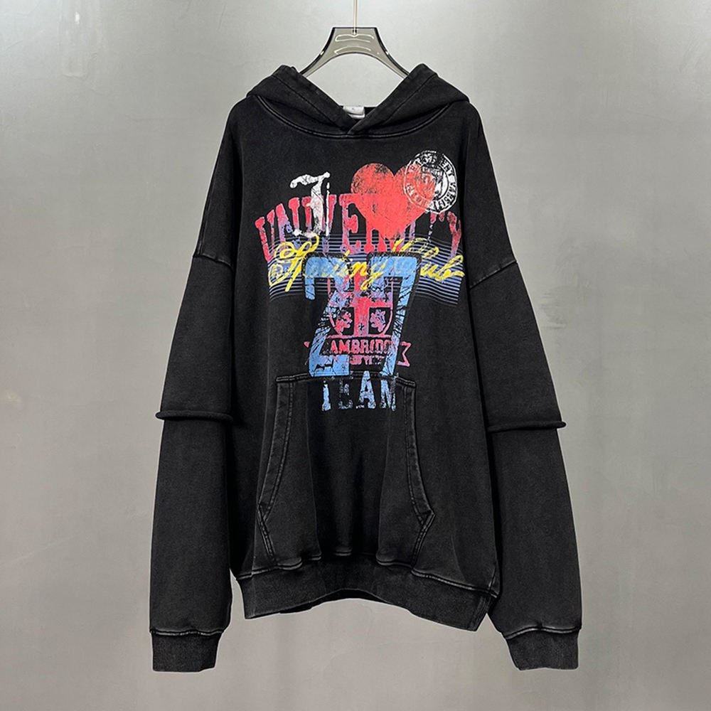 Vintage Washed Heavyweight Terry 100% Cotton Anti-Pilling Oversized Streetwear Hoodie Double Layer Splicing Sleeves Men Printing - Image 6
